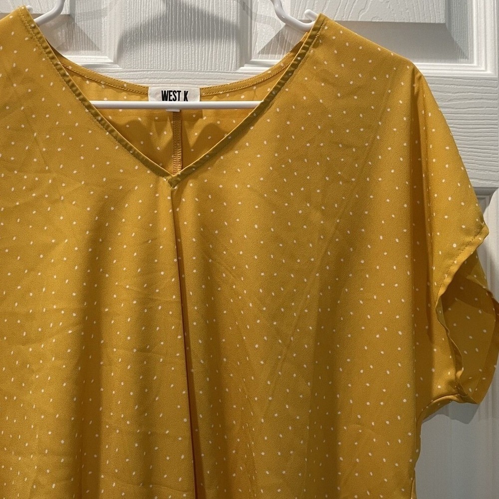 West K Polka Dot Blouse Tie Front V Neck Short Sleeve‎ Top S